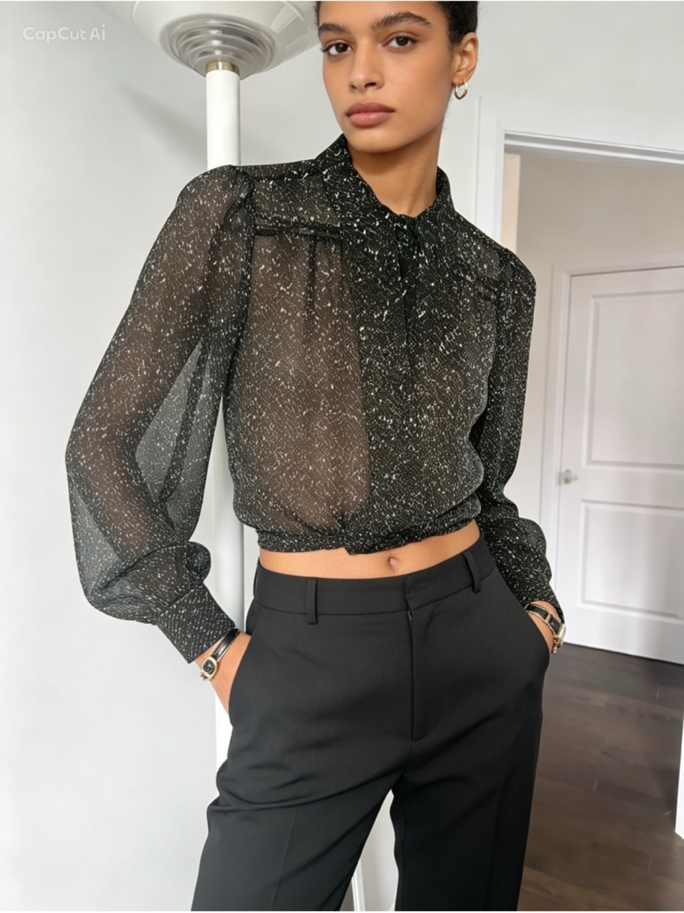 Michael Michael Kors Green and Cream Speckled Sheer Long-Sleeve Blouse size xxs